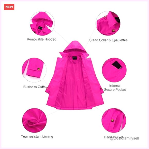 Long Trench Coat Double-Breasted Classic Lapel Slim Fit Belted Detachable Hood - Picture 5 of 6